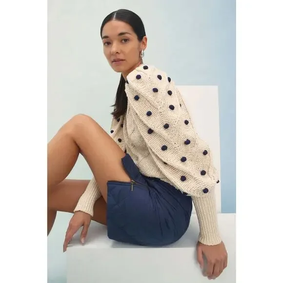 MARIE OLIVER Bridget Knit Bauble Detail Gathered Sleeves 100% Cotton Sweater S - Picture 2 of 14